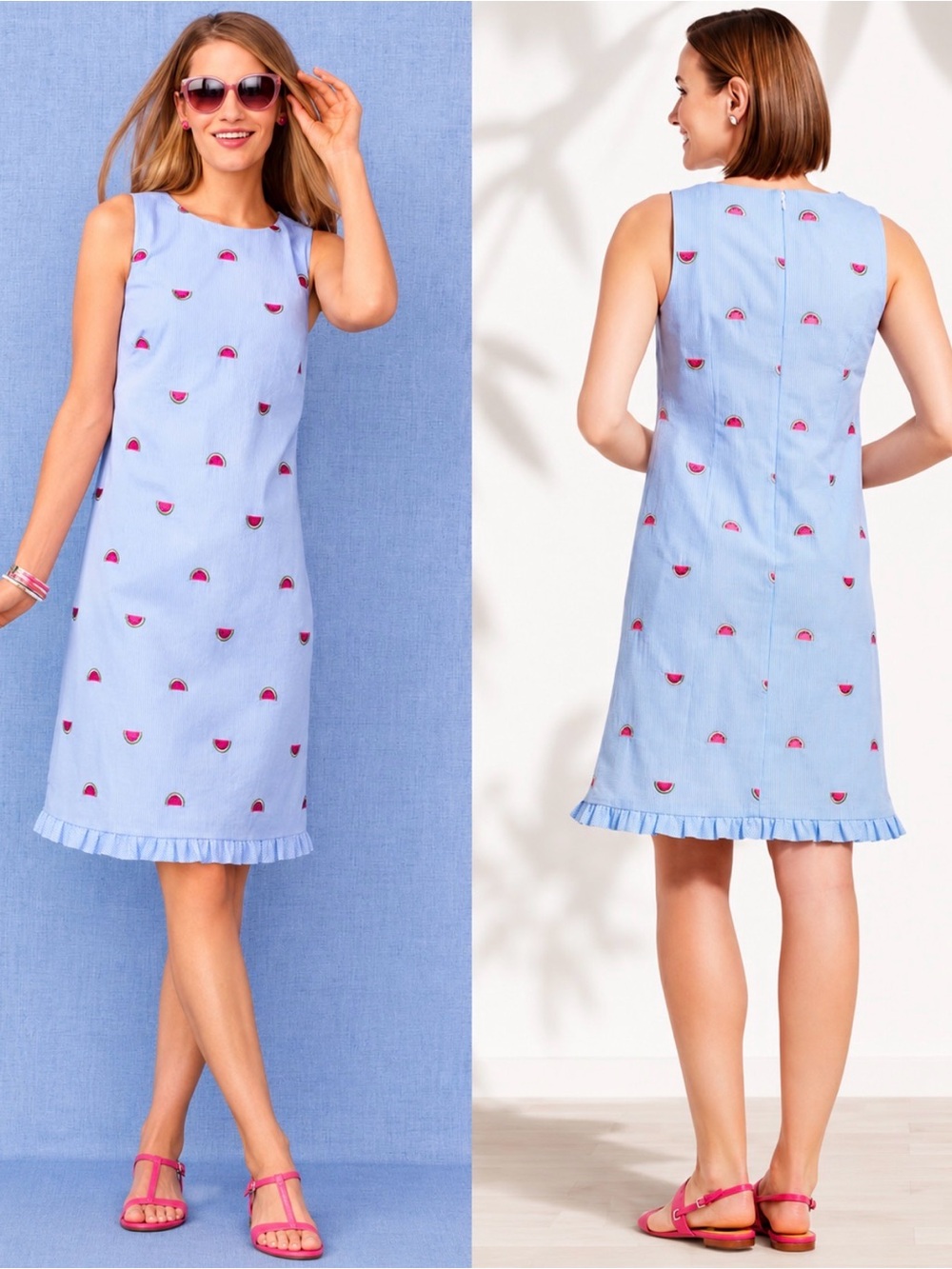 Talbots Light Blue Seersucker Dress with Watermelon Embroidery. Size 10. - Picture 4 of 8